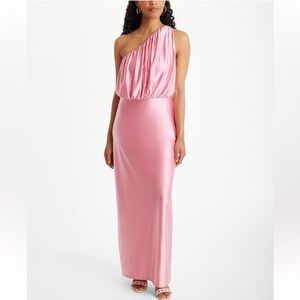 NWT Express Satin One Shoulder Ruched Maxi Dress Pink Bloom Size Medium